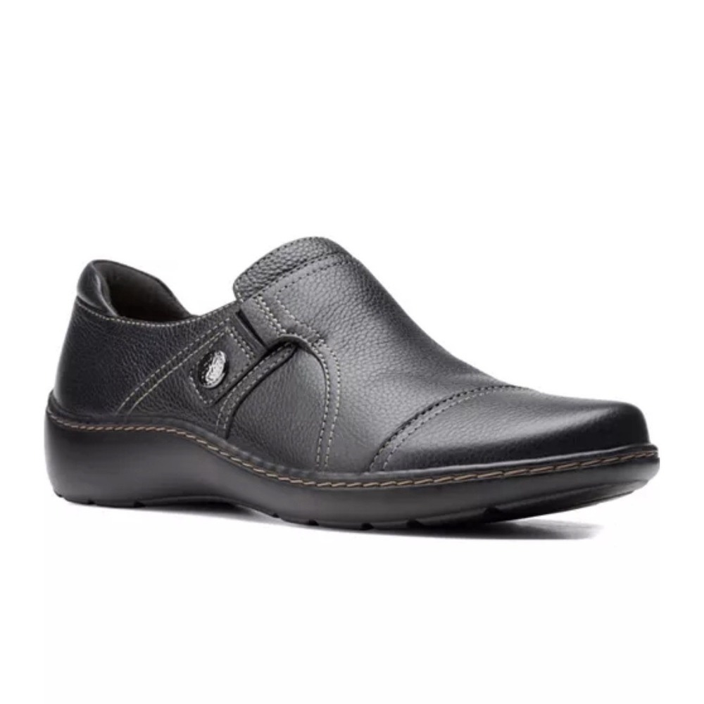 Clarks Womens Black‎ Leather Comfort Loafers Slip On Walking Work Shoes Size 9